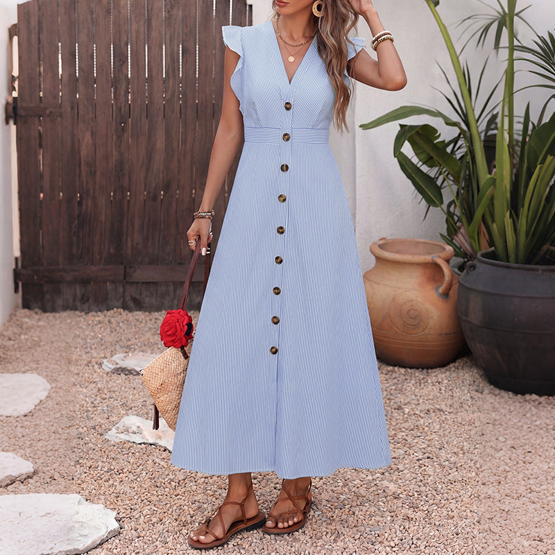 Blue Striped Flutter Sleeve Button Front Maxi Shirt Dress