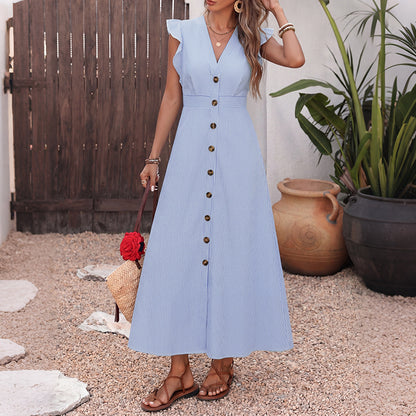 Blue Striped Flutter Sleeve Button Front Maxi Shirt Dress