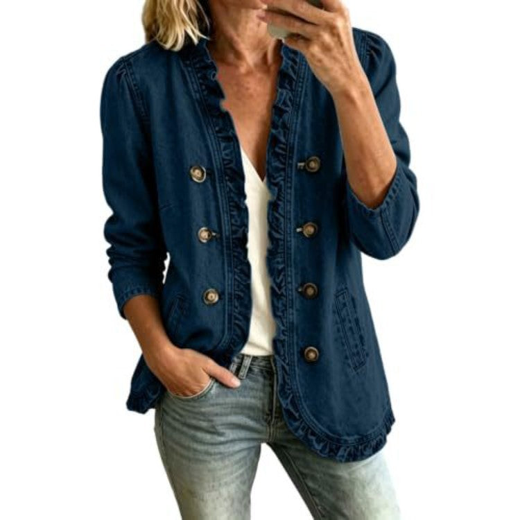 Women's Ruffle Button Down Denim Jacket Long Sleeve Casual