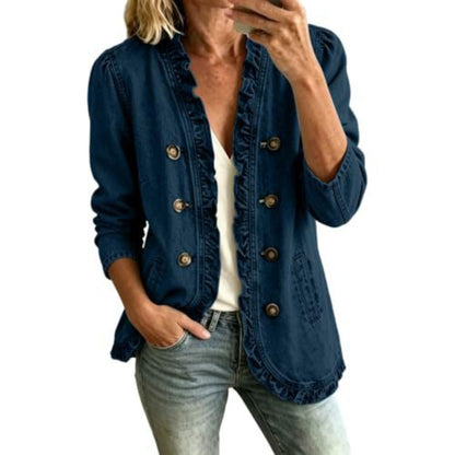 Women's Ruffle Button Down Denim Jacket Long Sleeve Casual