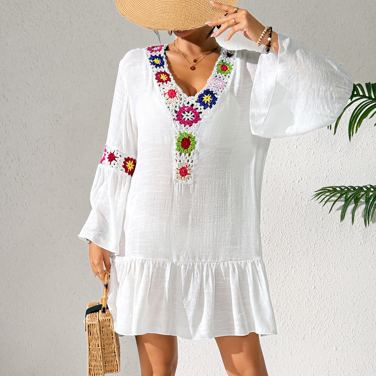 Boho Floral Crochet Ruffle Mini Beach Dress Cover Up