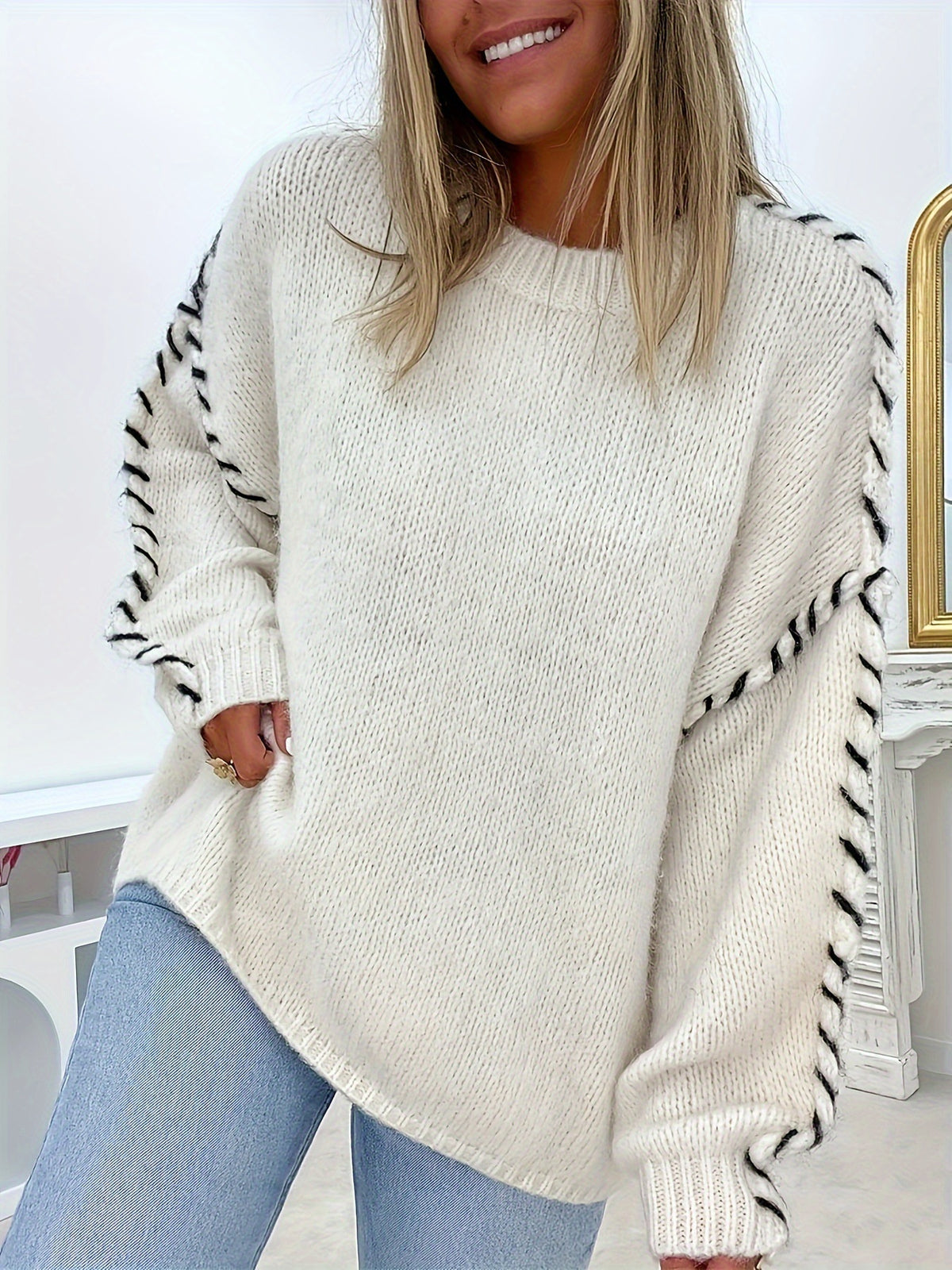 Women's Oversized Crew Neck Sweater Contrast Stitch Pullover