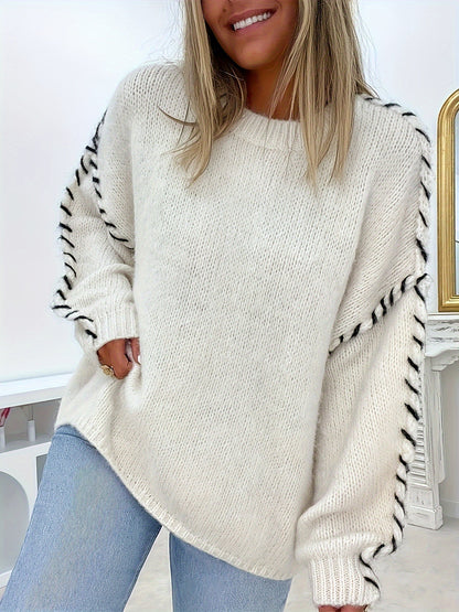 Women's Oversized Crew Neck Sweater Contrast Stitch Pullover