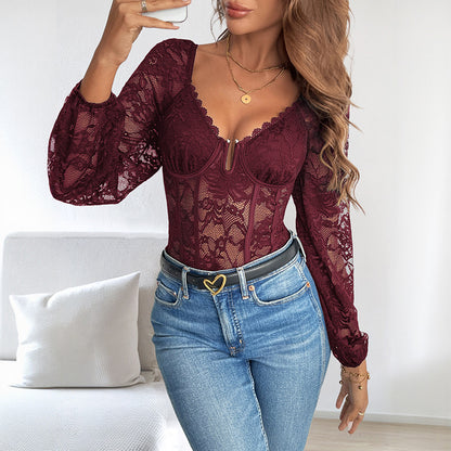 Lace Corset Bodysuit Sheer Long Sleeve Teddy