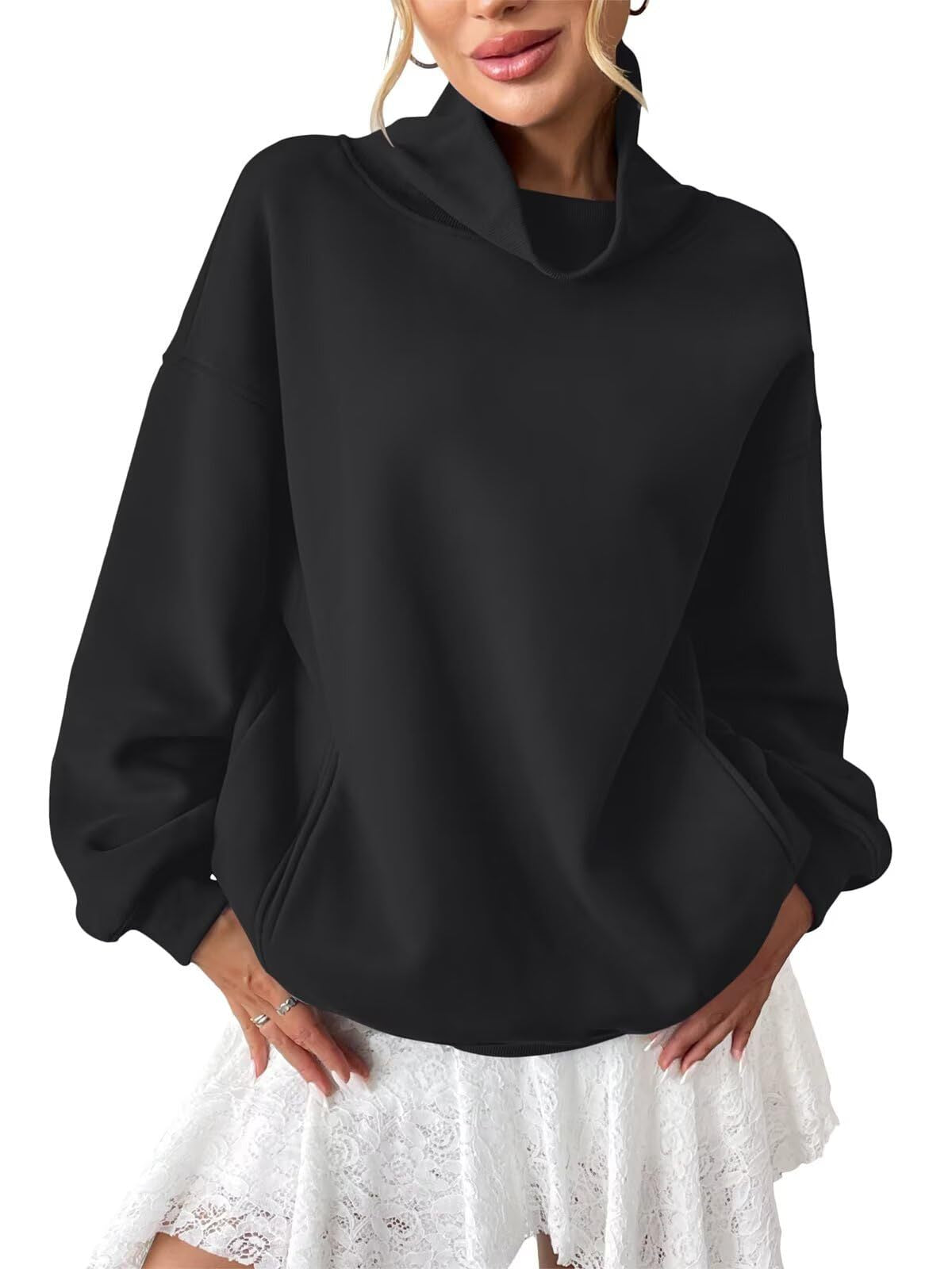 Fleece Mock Neck Oversized Sweatshirt Casual Pullover