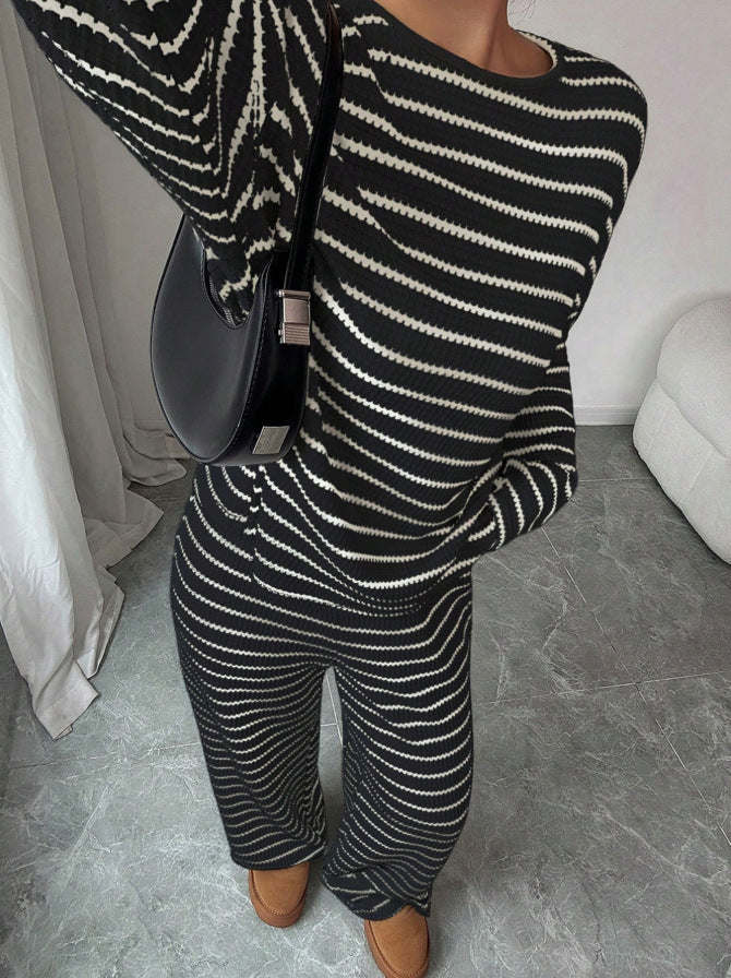 Stripe Knit Lounge Set Crew Neck Top and Wide Leg Pants
