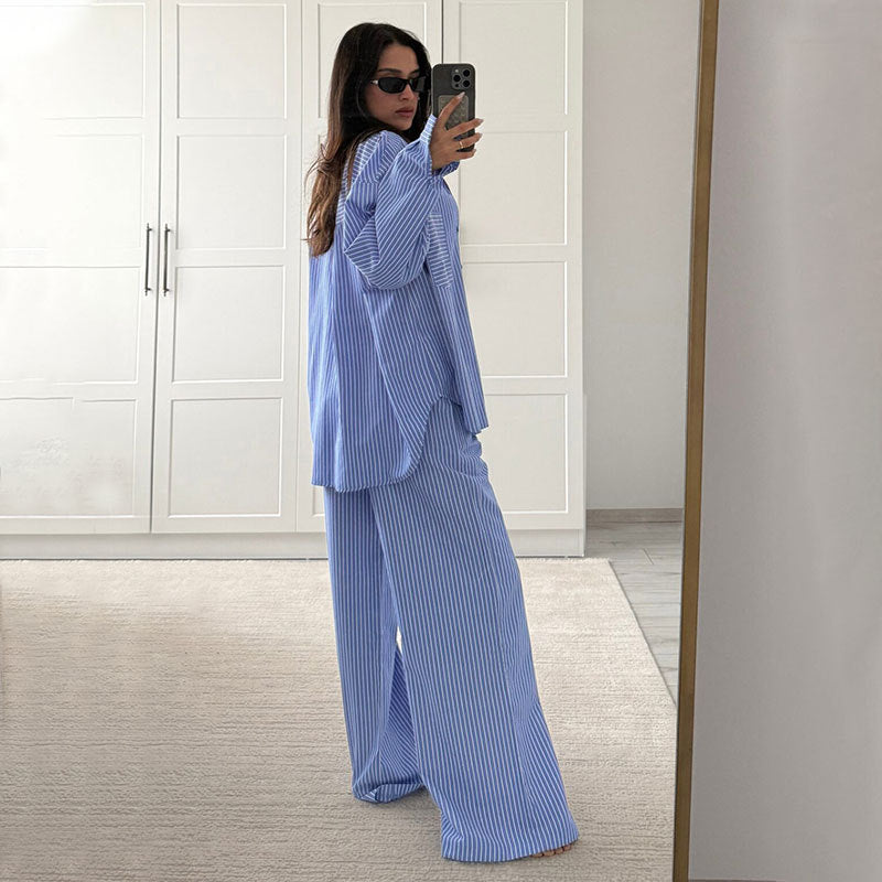 Women's Striped Oversized Shirt and Pants Lounge Set