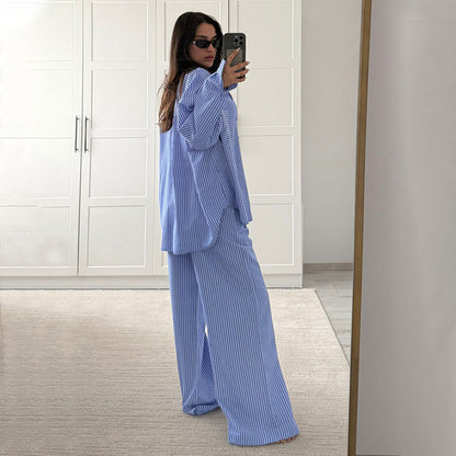 Women's Striped Oversized Shirt and Pants Lounge Set