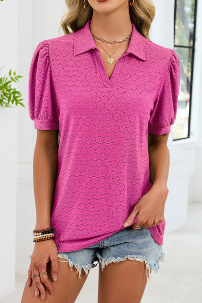 Eyelet V Neck Puff Sleeve Polo Blouse Casual Top