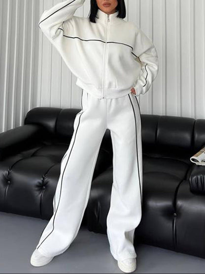 Womens Two Piece Striped Zip Up Sweatshirt Pants Set