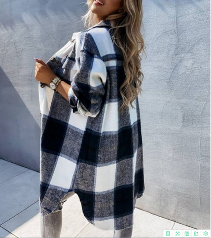 Women's Plaid Shacket Long Sleeve Button Down Shirt