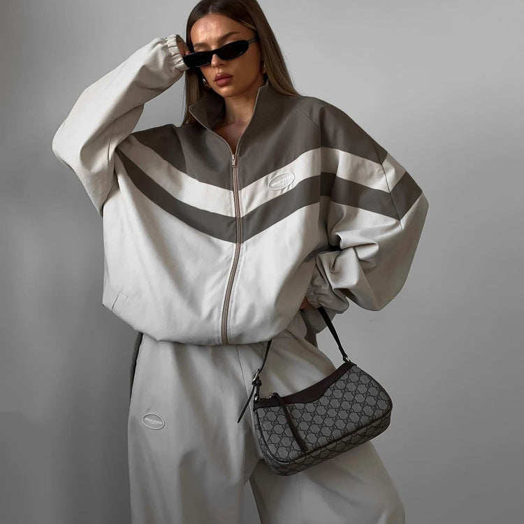Color Block Oversized Track Jacket Pants Two Piece Set