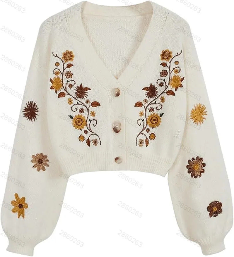 Vintage Floral Embroidered V-Neck Balloon Sleeve Cardigan