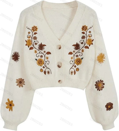 Vintage Floral Embroidered V-Neck Balloon Sleeve Cardigan