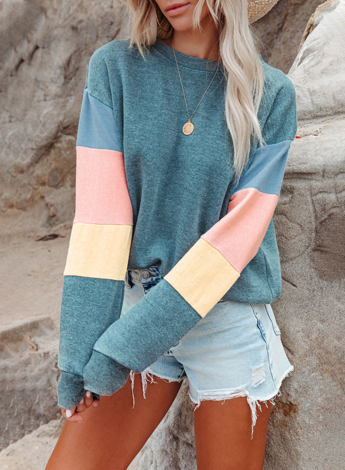 Women's Color Block Crewneck Sweatshirt Casual Long Sleeve