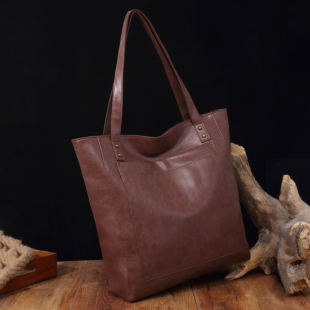 Vintage Soft Leather Tote Bag Set with Zip Pouch, Large Capacity