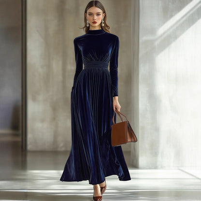 Velvet Maxi Dress Long Sleeve Mock Neck Smocked Waist