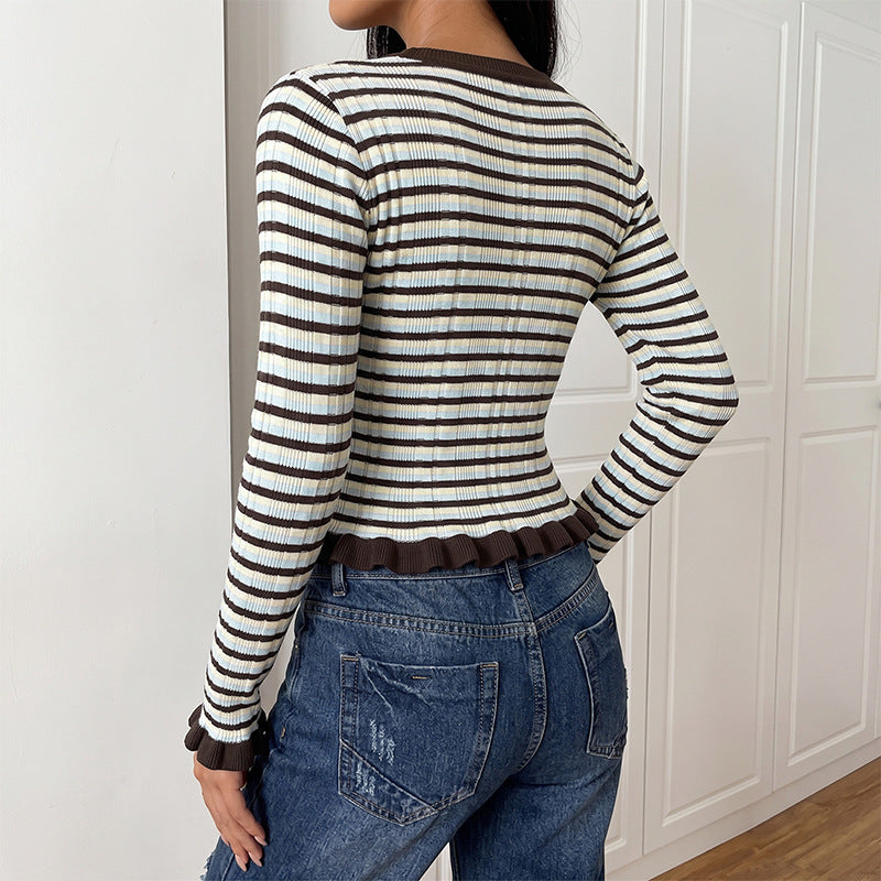 Striped Cropped Sweater Flare Sleeve Knit Top Retro
