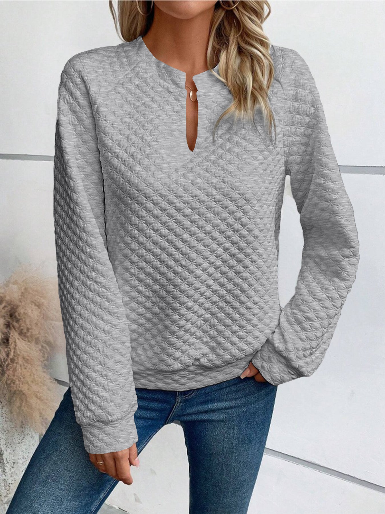 Women's Quilted V-Neck Sweatshirt Long Sleeve Pullover