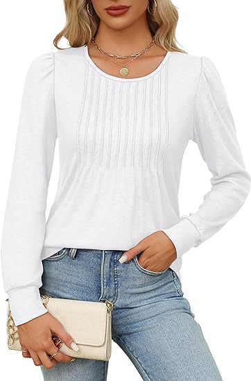 Solid Cotton Pintuck Blouse Long Sleeve Work Top