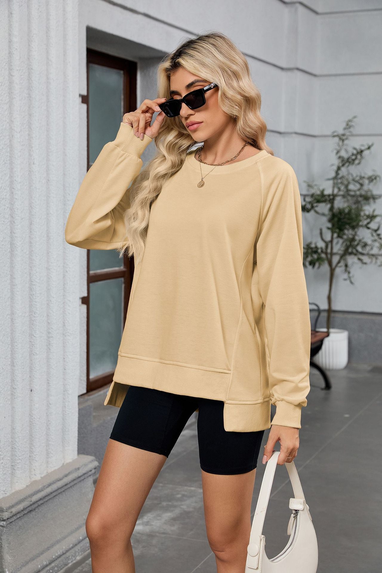 Women Oversized Crewneck Sweatshirt Long Sleeve Side Slit
