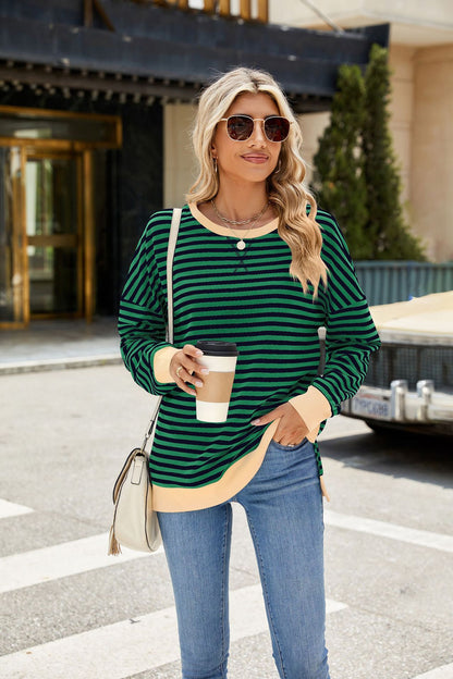 Oversized Striped Sweatshirt Contrast Trim Side Slit Top