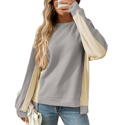 Color Block Waffle Knit Long Sleeve Pullover Top