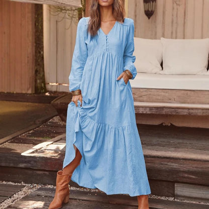 Boho Cotton Linen Button Down Long Sleeve Tiered Maxi Dress