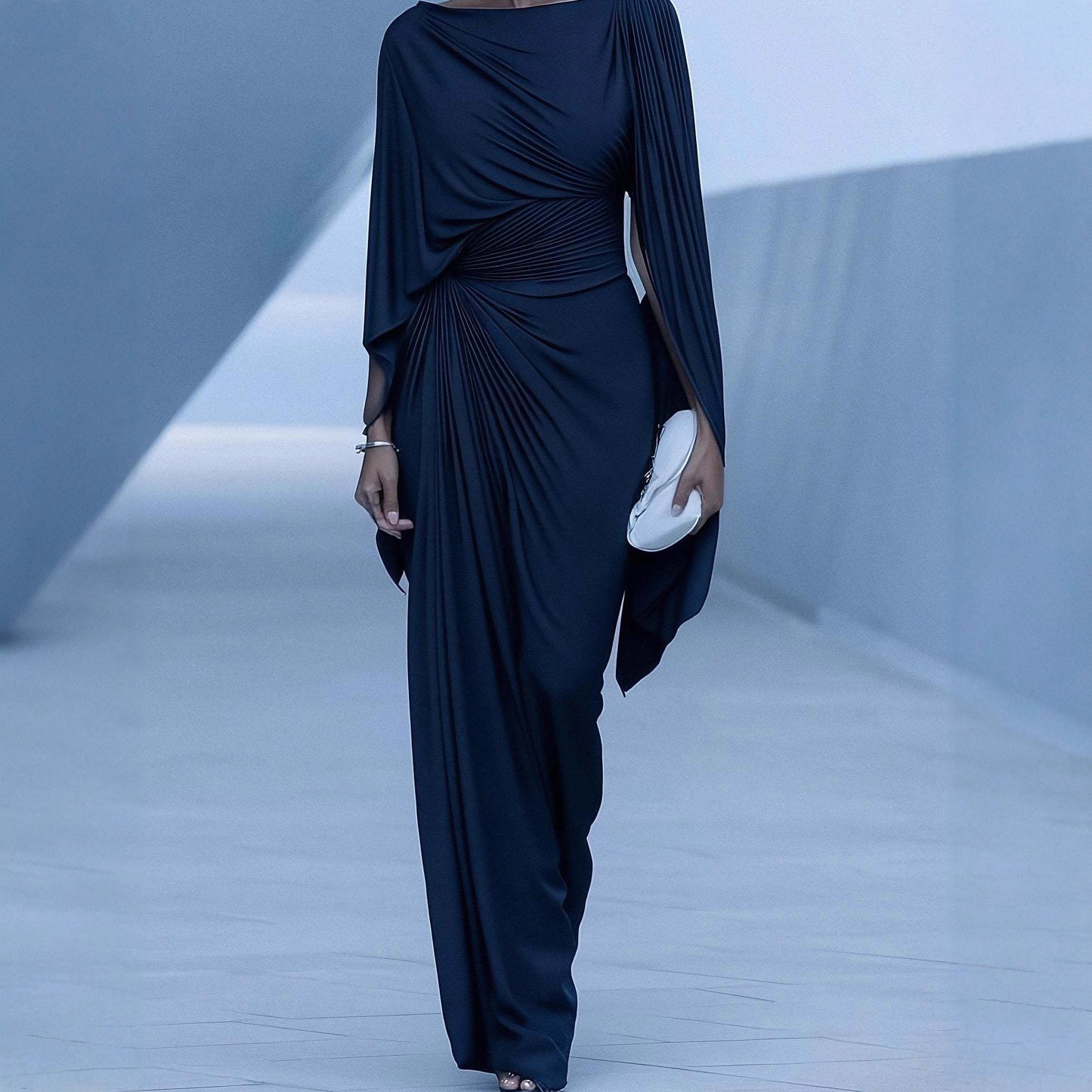 Women's Boat Neck Ruched Batwing Sleeve Maxi Dress