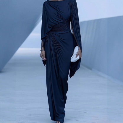 Women's Boat Neck Ruched Batwing Sleeve Maxi Dress