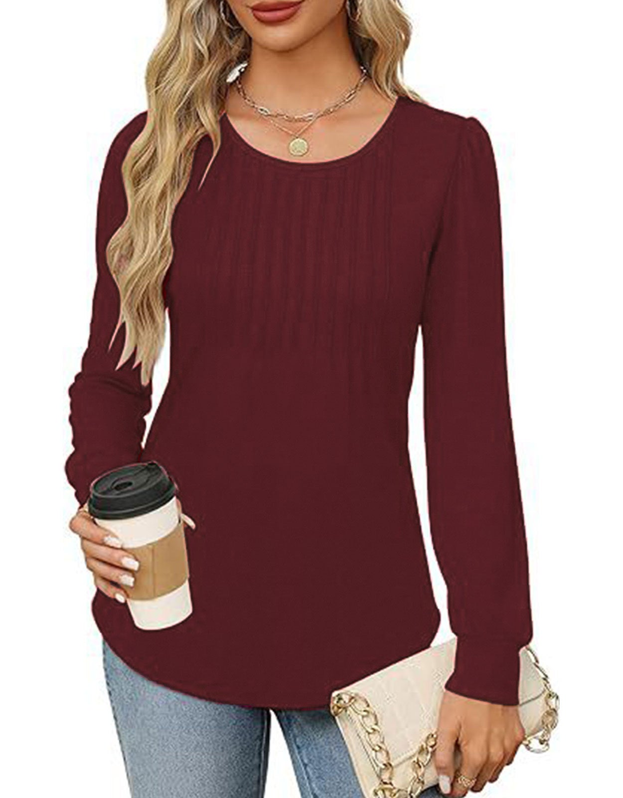 Solid Cotton Pintuck Blouse Long Sleeve Work Top