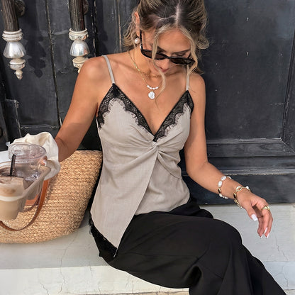 Elegant Color-block Lace Twist Slim V-neck Strap Tank Top