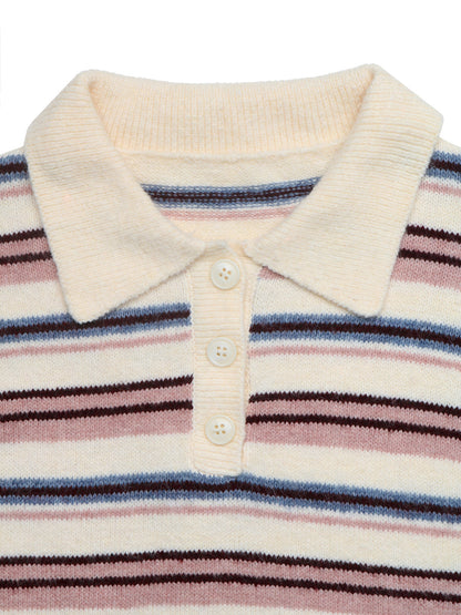 Striped Knit Polo Sweater Long Sleeve Relaxed Pullover