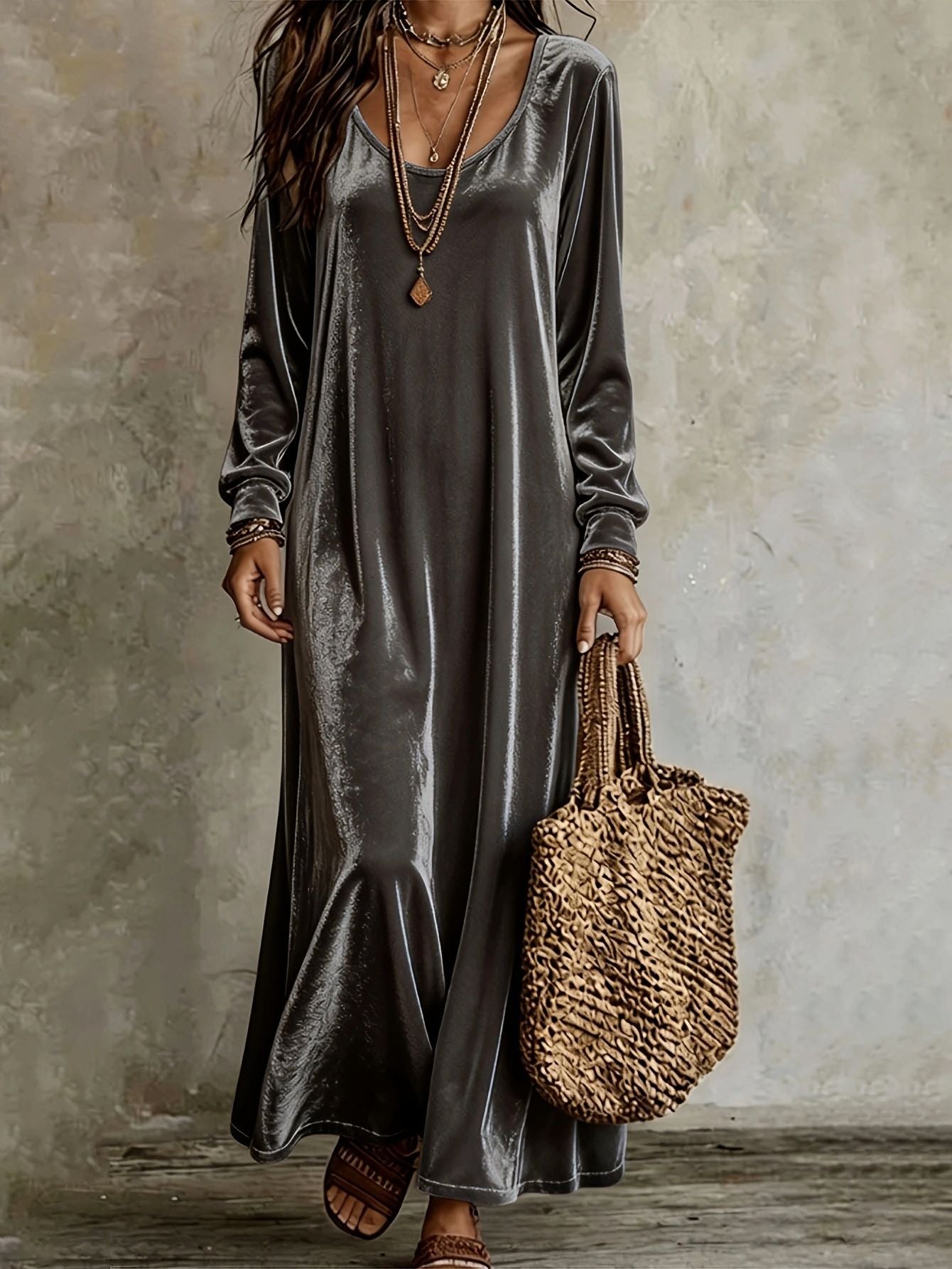 Velvet Maxi Dress Long Sleeve Vintage Boho Casual