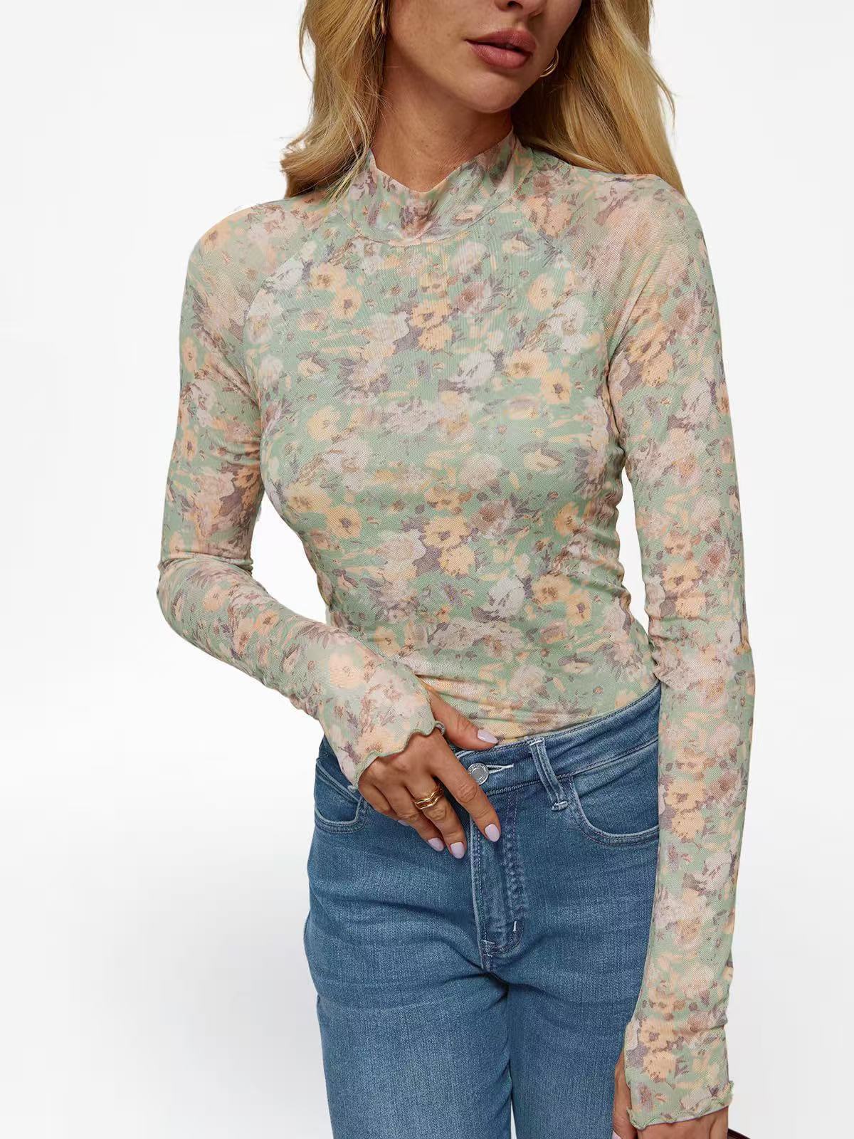Women's Floral Sheer Mesh Mock Neck Long Sleeve Top