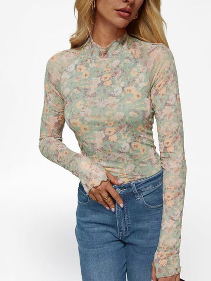 Women's Floral Sheer Mesh Mock Neck Long Sleeve Top