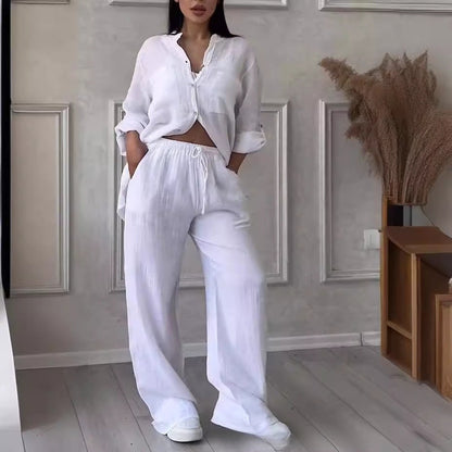 Cotton Linen 2 Piece Set Wide Leg Pants Button Shirt