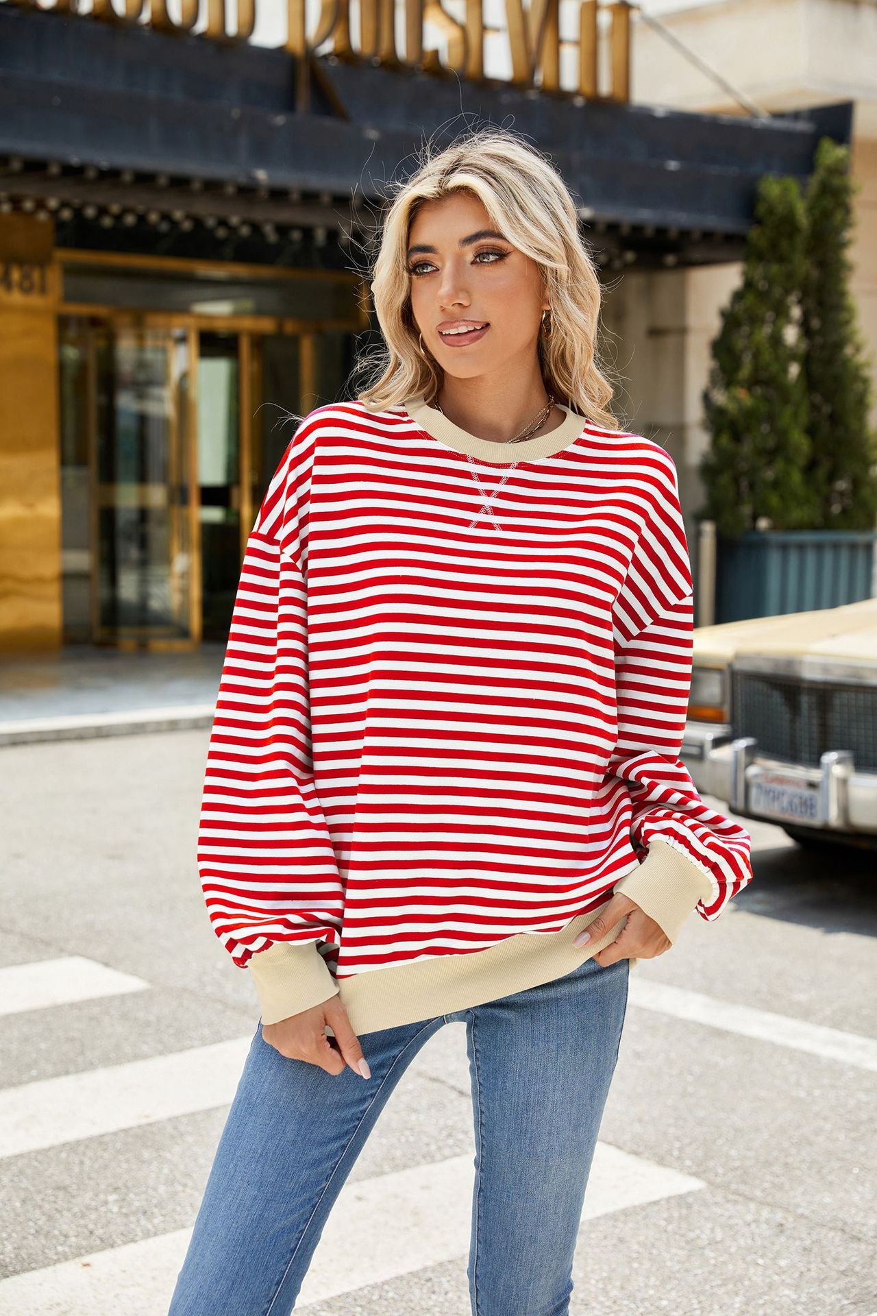 Striped Color Block Crew Neck Loose Fit Long Sleeve Sweatshirt