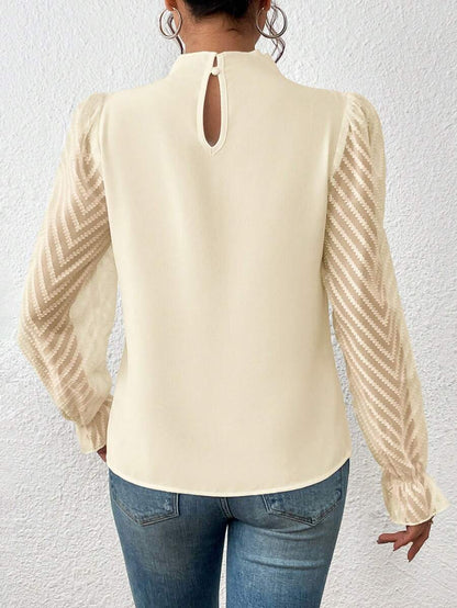 Mock Neck Chiffon Blouse Lace Sleeve Elegant Work Top