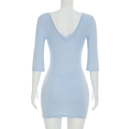 Sexy V Neck Backless Bodycon Mini Dress 3/4 Sleeve