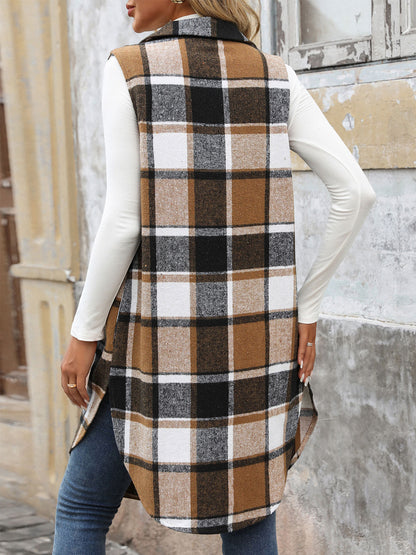 Plaid Longline Vest Lapel Button Front Pockets