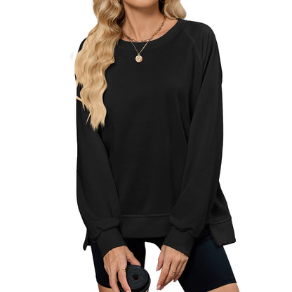 Women Oversized Crewneck Sweatshirt Long Sleeve Side Slit