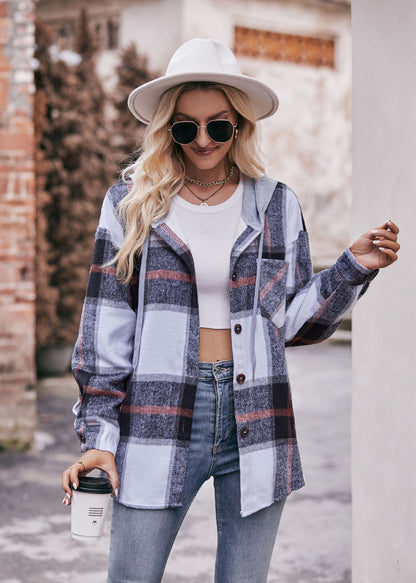 Plaid Hooded Shacket Jacket Oversized Fall Layering Coat