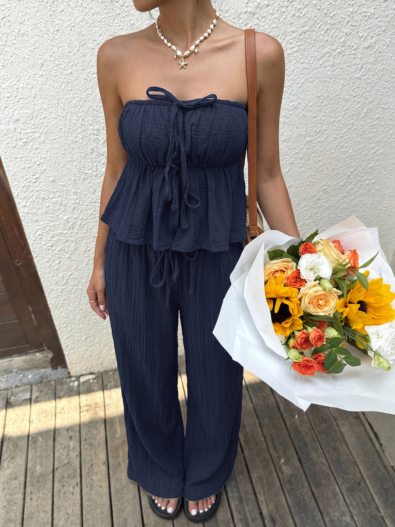Navy Strapless Ruffle Top & Wide Leg Pants Two Piece Set