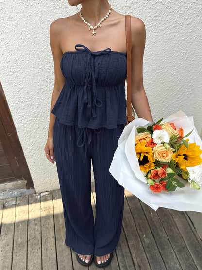 Navy Strapless Ruffle Top & Wide Leg Pants Two Piece Set