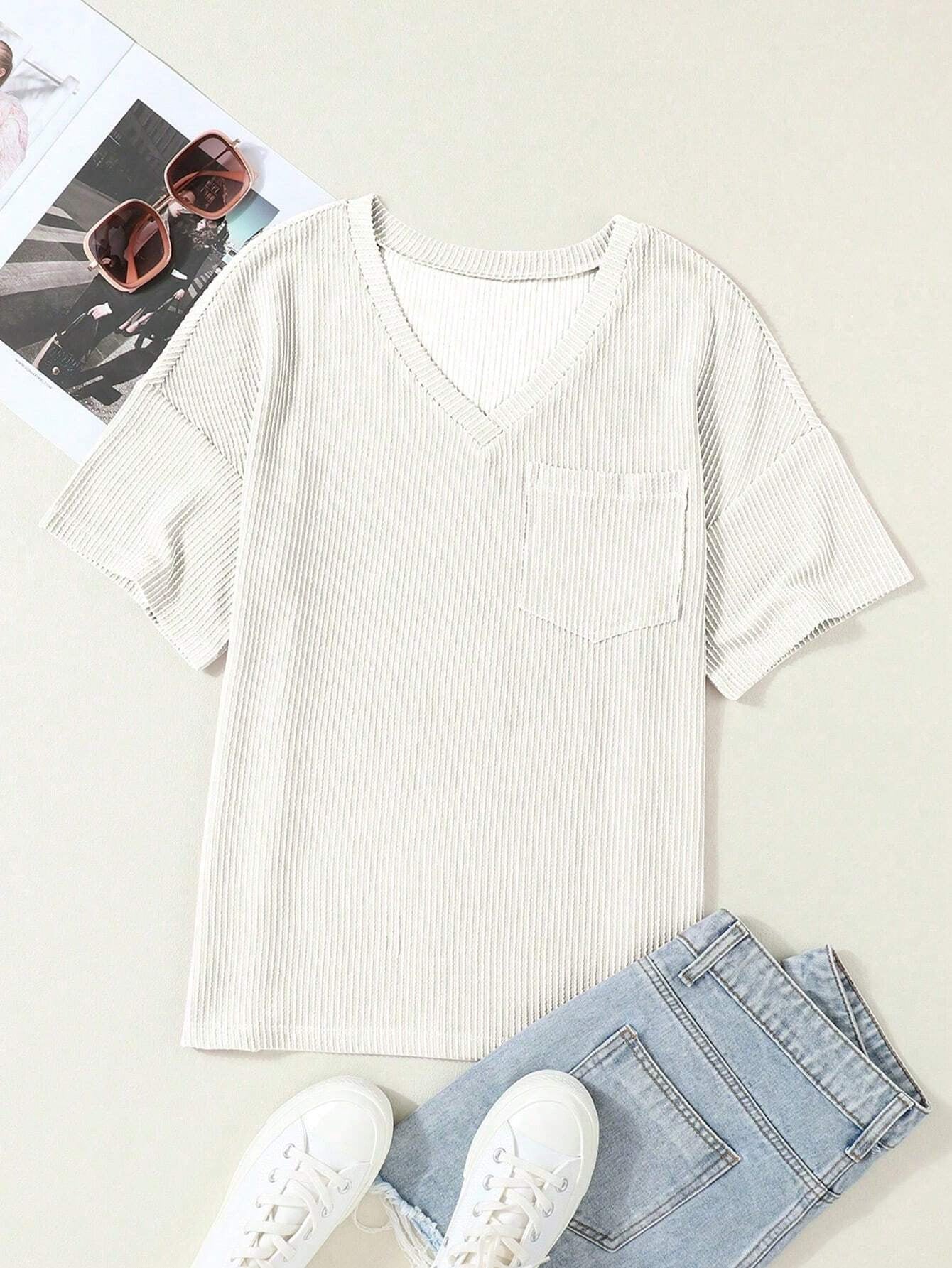 Women’s Ribbed V Neck Short Sleeve Pocket Tee
