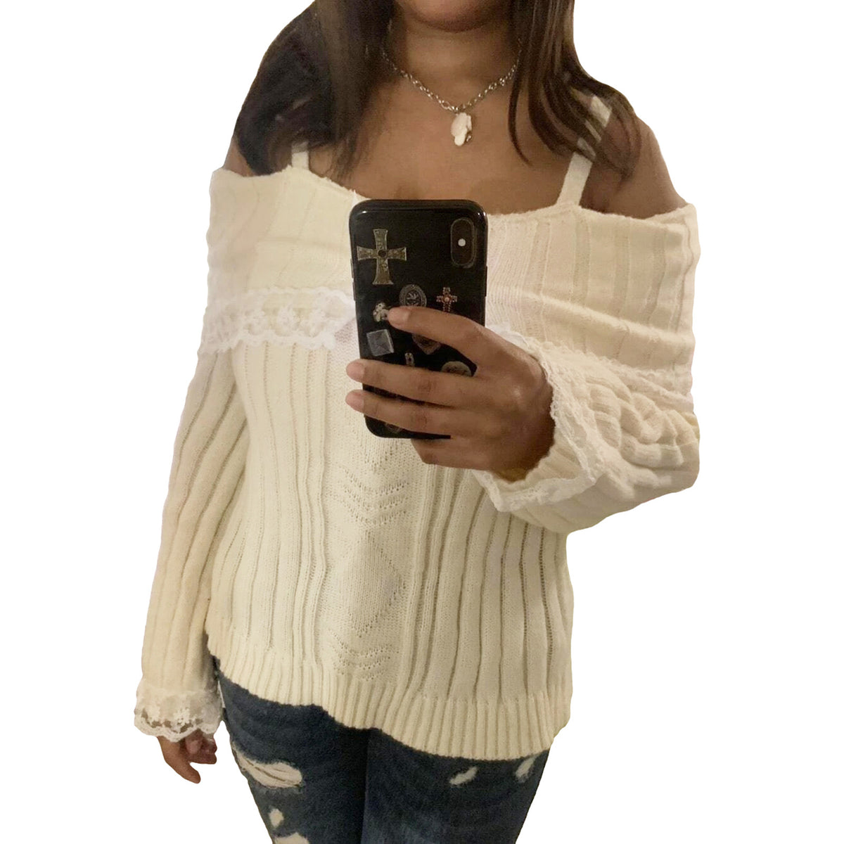 Women's Off Shoulder Lace Trim Knit Sweater Long Sleeve