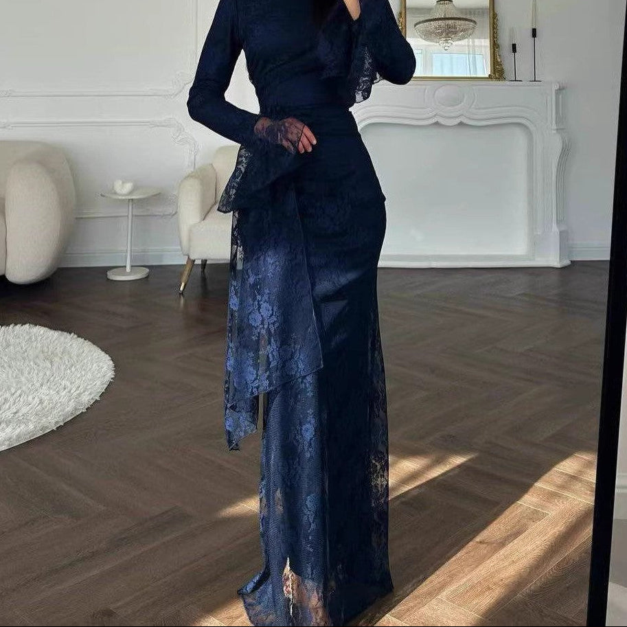 Lace Mock Neck Long Sleeve Bodycon Evening Maxi Dress