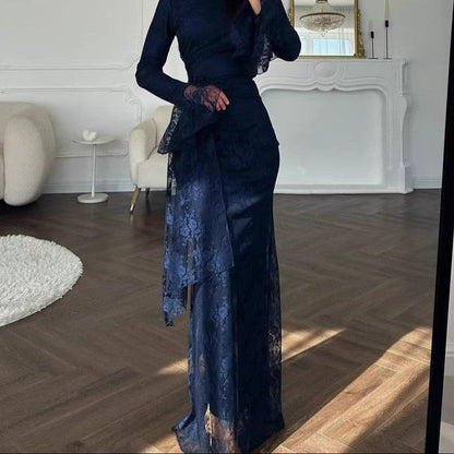Lace Mock Neck Long Sleeve Bodycon Evening Maxi Dress