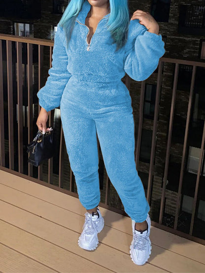 Womens Sherpa Fleece Half Zip 2 Piece Jogger Set